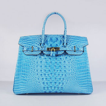 Hermes Birkin 35Cm Crocodile Head Stripe Handbags Light Blue Gol